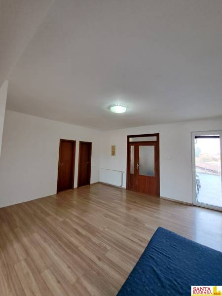 Living room in a 4-room apartment with a wooden decor floor and entrance doors.