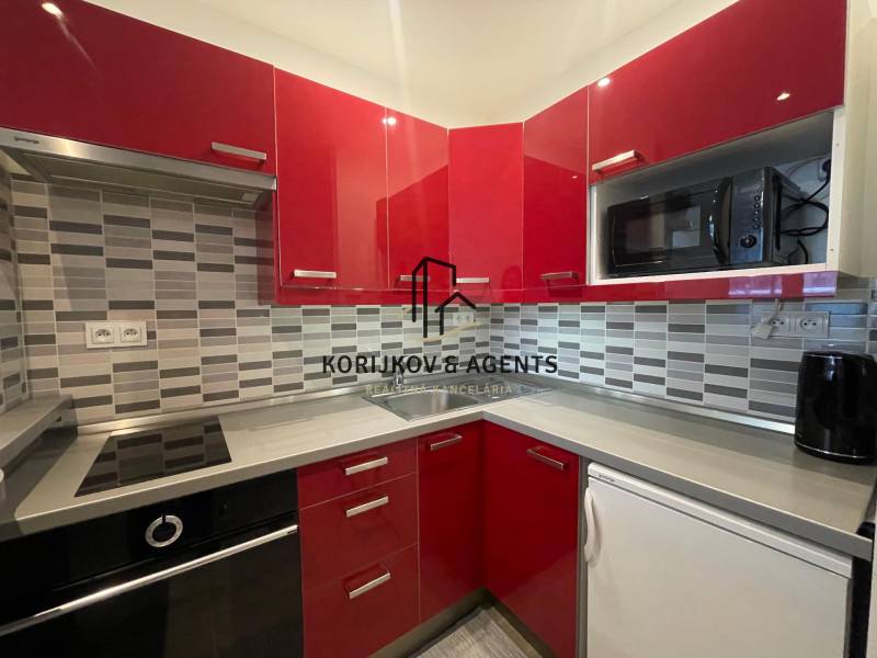 A kitchenette in a studio apartment with red cabinets and gray tiles.