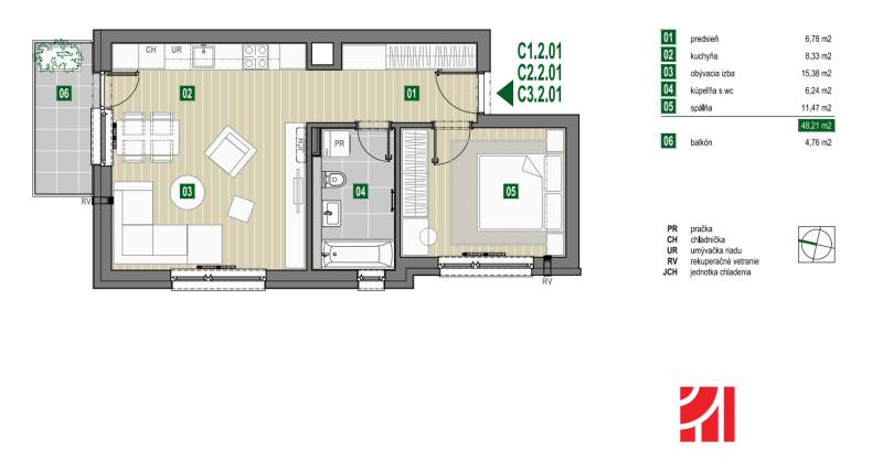 Floor plan of a 2-room apartment with a kitchen, living room, bedroom, and balcony.