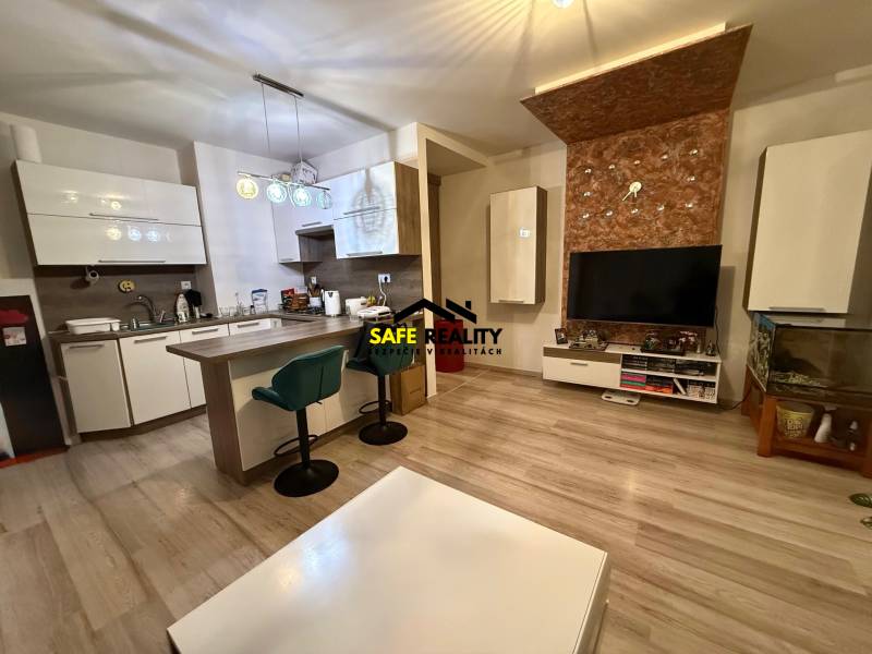 Living room with kitchen, bar counter, and wooden decor flooring in a two-room apartment.