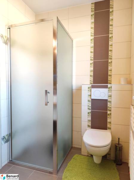 A bathroom in a family house with a toilet, shower, and tiles with a decorative pattern.
