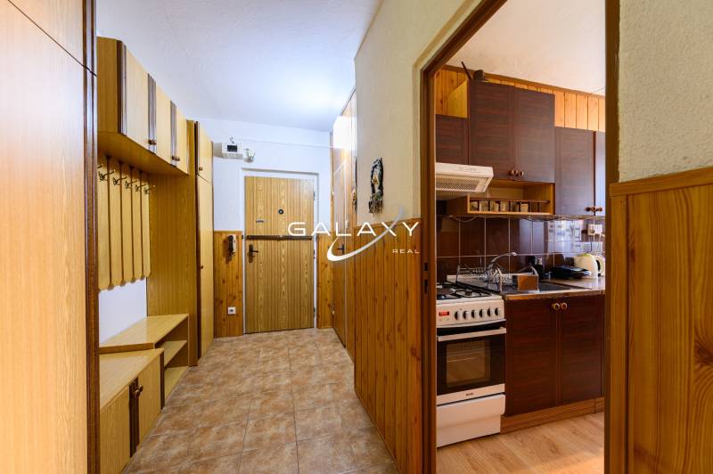 Hallway and kitchen in a 2-room apartment with wooden decor and storage spaces.