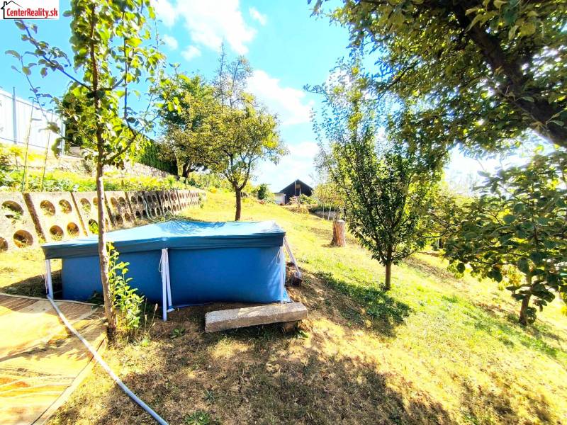 In the picture, there is a garden with a swimming pool and a cottage surrounded by trees and greenery.