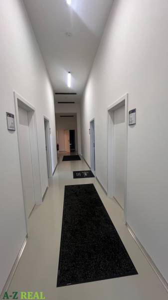 A corridor in offices with white walls and two black carpets on the floor.