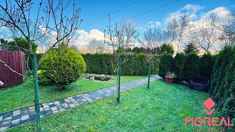 A garden by the cottage in Partizánske with a paved path and a hedge.