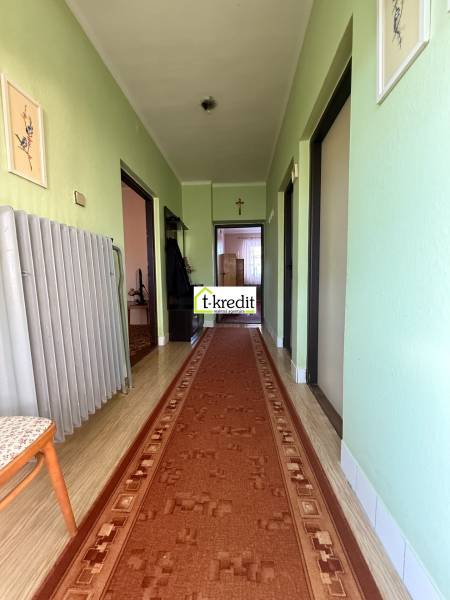 A hallway in a family house with a wooden decor floor and green walls.