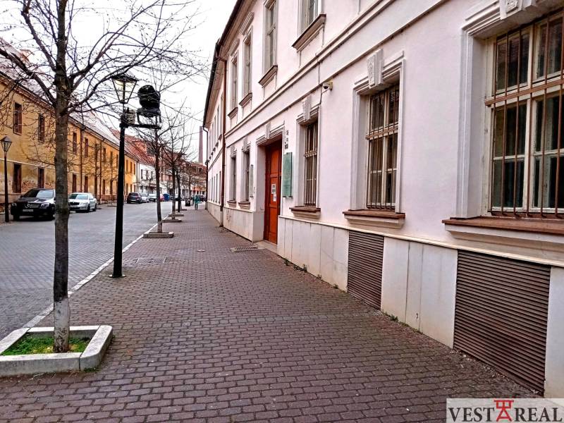 Františkánska Street in Trnava with the Office building and trees along the sidewalk.