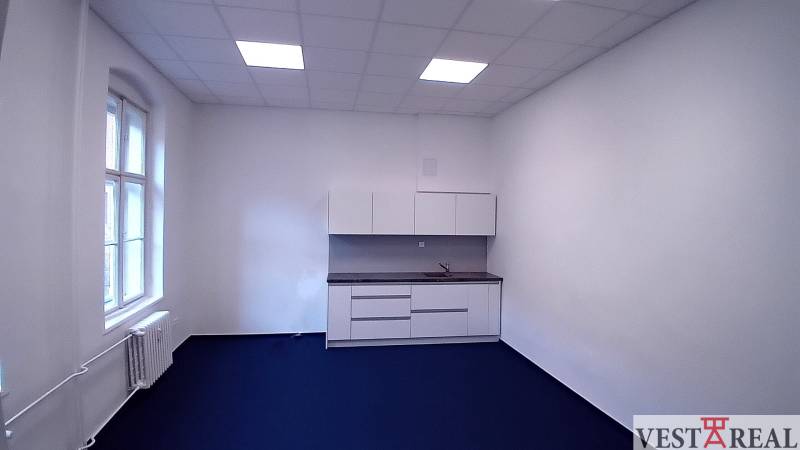 Offices with blue flooring and a kitchen unit.