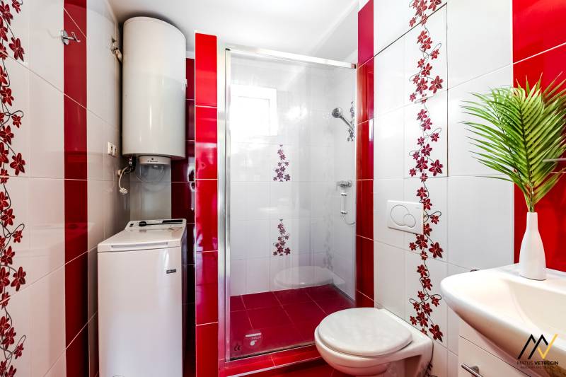 A bathroom with red and white tiles, a shower corner, and a washing machine in a 2-room apartment.