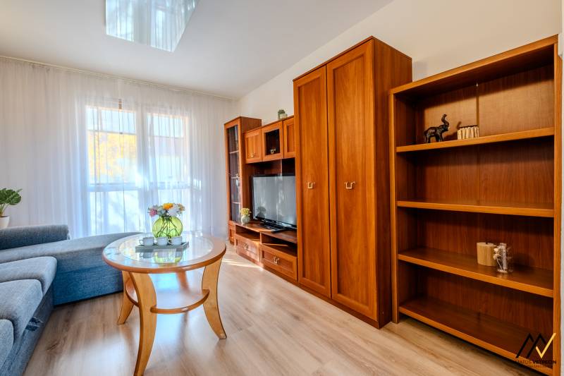Living room in a 2-room apartment with a sofa, wood-patterned flooring, and furniture.