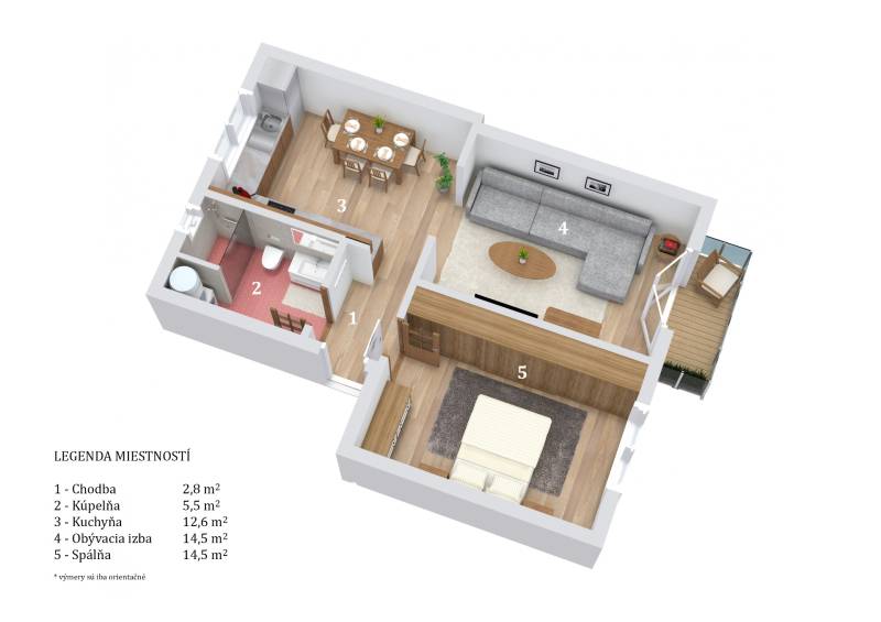 Floor plan of a 2-room apartment with wood-patterned flooring and a balcony.