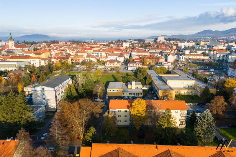 Aerial view of buildings and parks in Prešov on Tarasa Ševčenka Street.