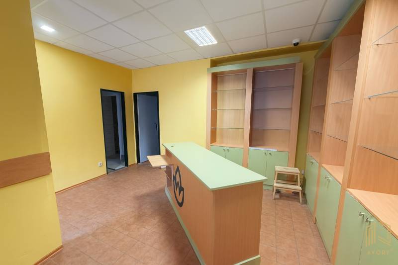 Yellow walls, counter, shelves, and tiles in commercial spaces with wood-patterned flooring.