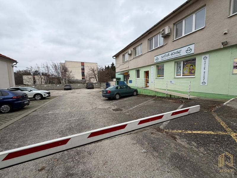 Commercial premises on Štefánikova in Senica with a parking lot in front of the building.