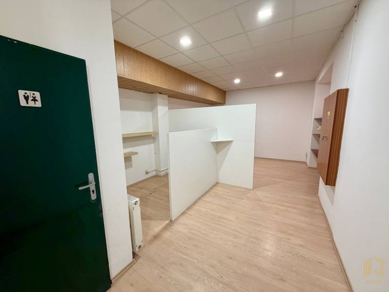 Interior of commercial premises with wood-patterned flooring and green doors labeled WC.