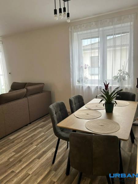 Dining table with chairs, floor with wooden decor, sofa in a 3-room apartment.