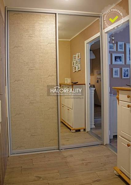 A hallway in a 2-room apartment with a sliding wardrobe and a floor with a wooden decor.