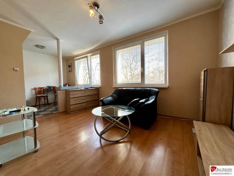 Interior of a 1-room apartment with a sofa, glass table, and wood-patterned flooring.