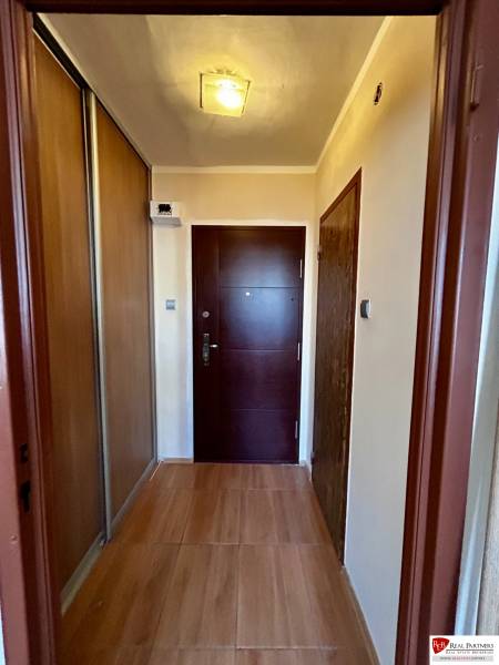 Entrance hallway in a one-bedroom apartment with a wooden decor floor and wardrobes.
