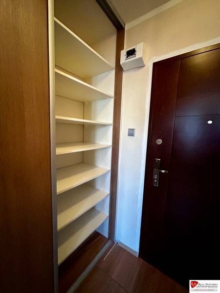 Built-in shelving system with sliding doors in a studio apartment, complemented by a floor with a wooden decor.
