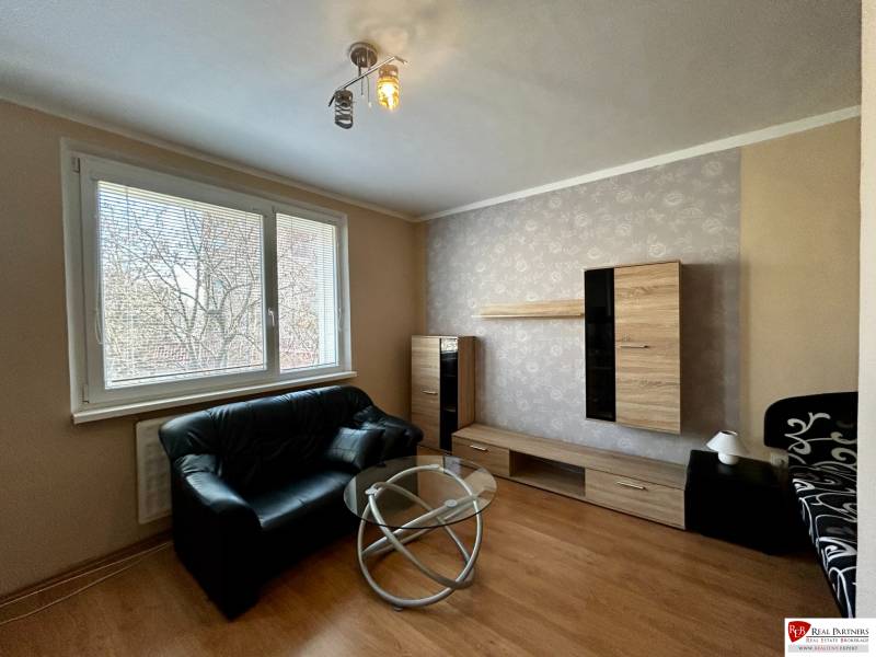 Living room with a sofa, coffee table, and wooden decor flooring in a studio apartment.