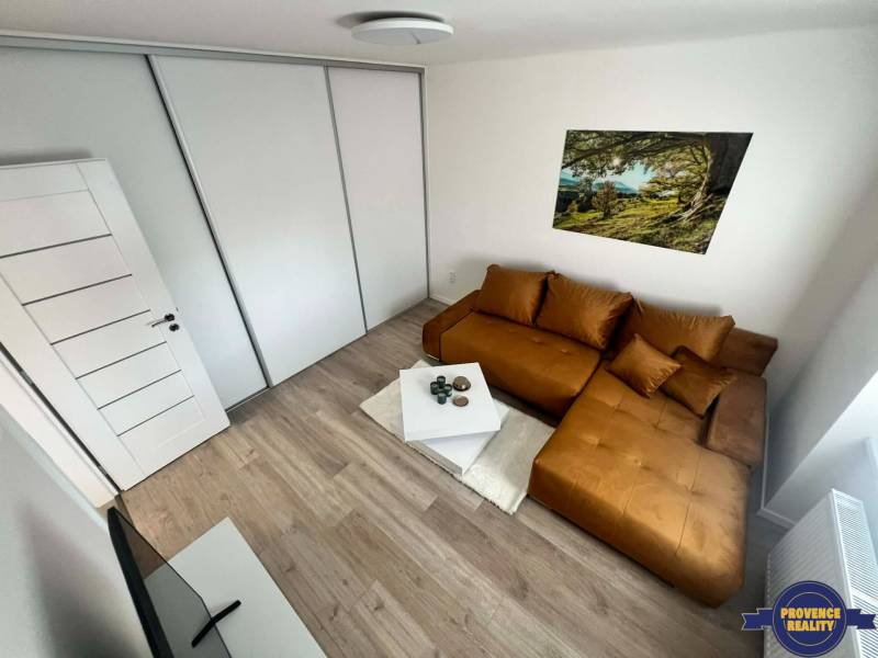 A room in a 2-room apartment with a brown sofa, wooden decor flooring, and a large wardrobe.