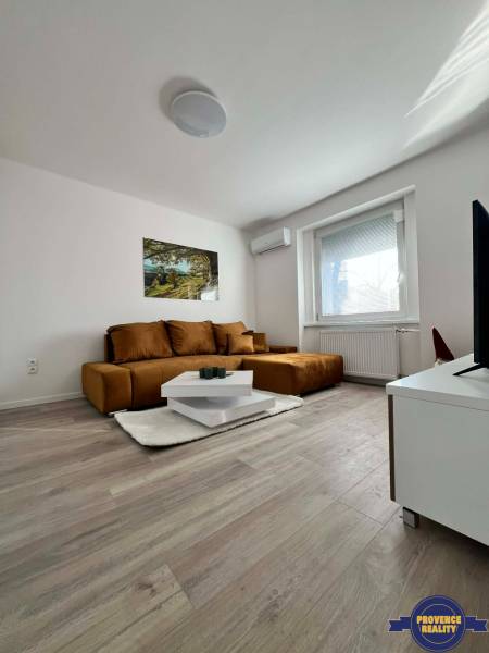 Living room in a 2-room apartment with a wooden decor floor, a sofa, and a table.