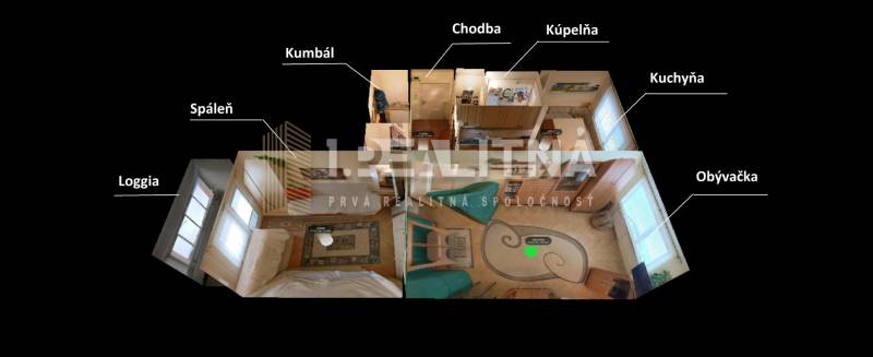 Floor plan of a 2-room apartment with a loggia, bedroom, kitchen, bathroom, and living room.