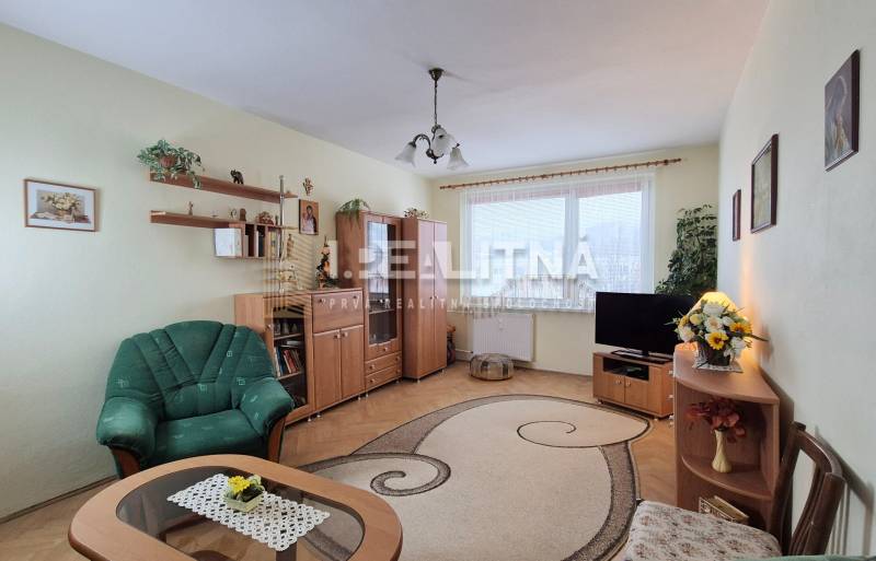 Living room in a two-room apartment with carpets and wood-patterned flooring.