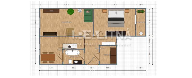 Floor plan of a 2-room apartment with wood-patterned flooring and furnishings.