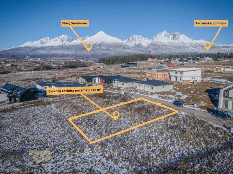 Winter landscape in Mlynica with residential plots, featuring a panoramic mountain view.