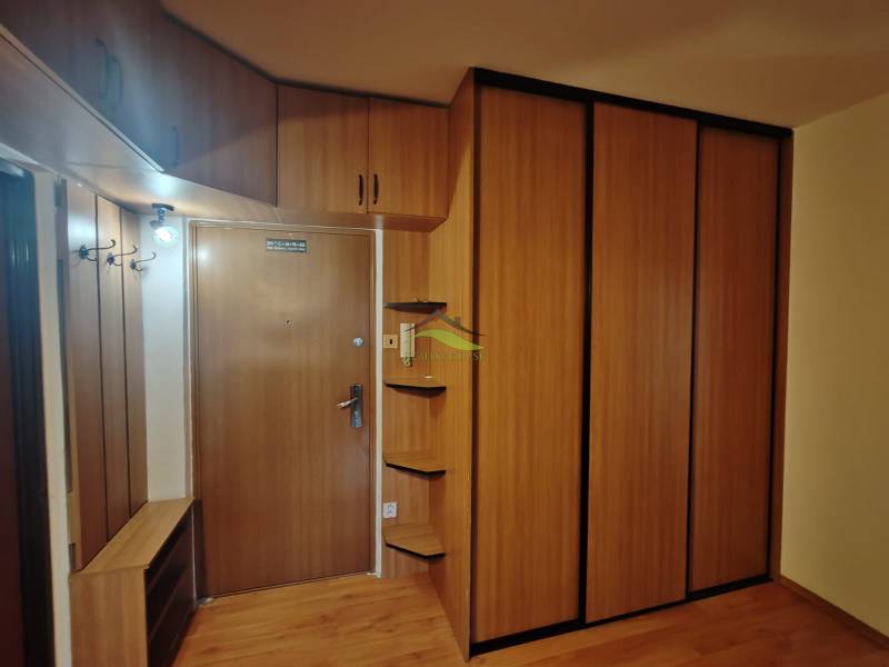 Entrance hall with wood-patterned flooring, spacious wardrobes, and coat racks in a 3-room apartment.