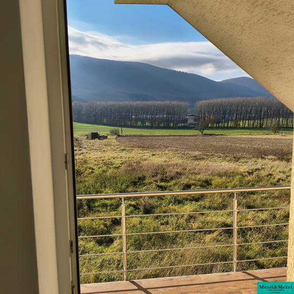 The view from the family house in Buková offers impressive forests and fields beyond the railing.