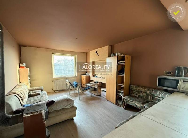 Living room with a sofa, furniture, and a kitchenette in a family house.