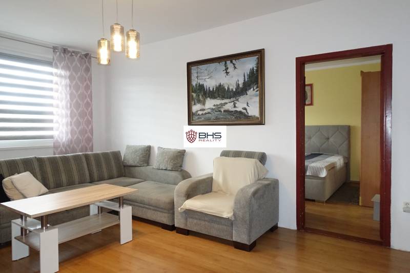Living room in a 3-room apartment with a sofa, an armchair, and a wooden decor floor.