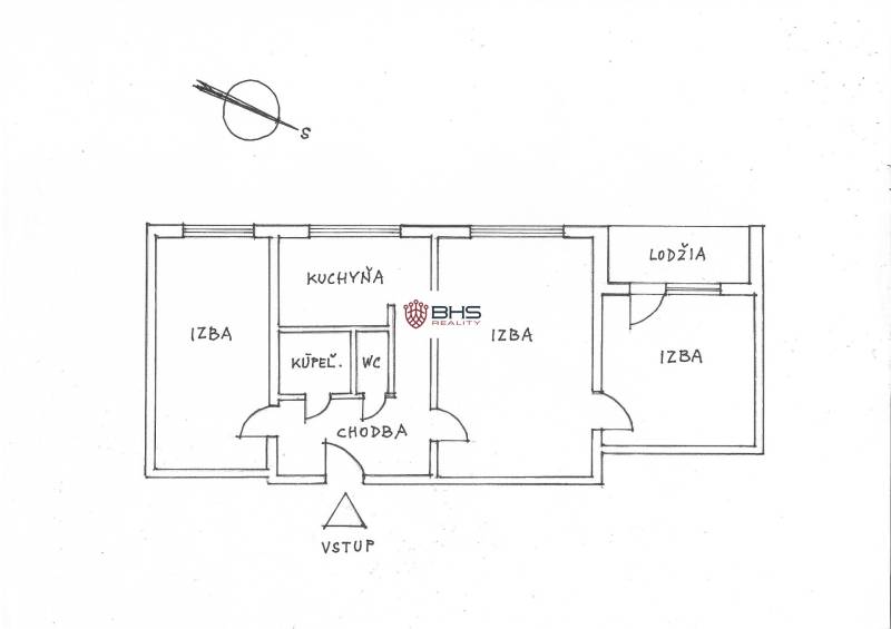 Floor plan of a 3-room apartment with a kitchen, bathroom, toilet, loggia, and hallway.