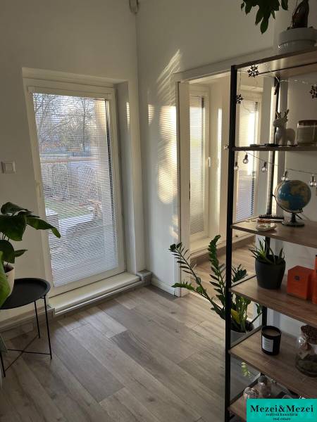Bright room with glass doors, wooden decor flooring, and houseplants.