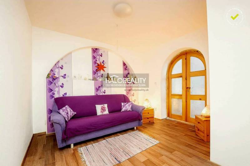 Interior of a family house with a purple sofa and a wooden decor floor.