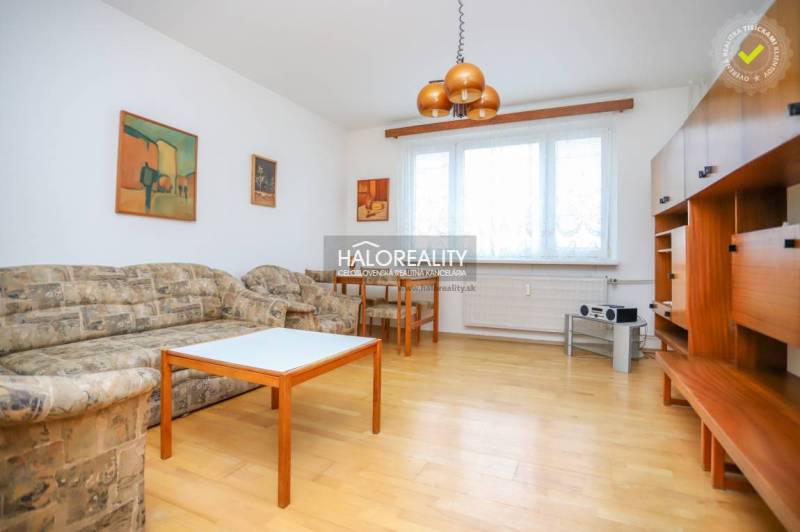 Living room in a three-room apartment with a wooden decor floor, sofa, and furniture.