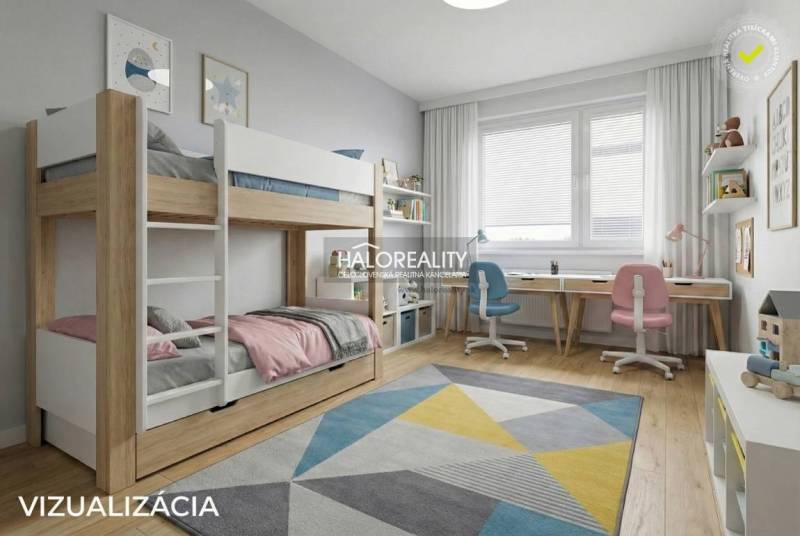 Children's room with a bunk bed, colorful carpet, and a desk in a 3-room apartment.