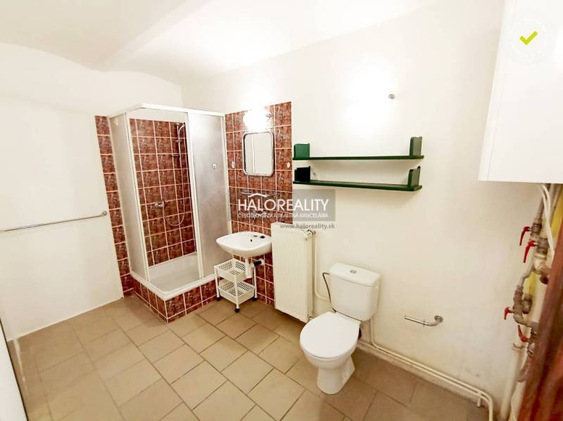 Shower corner and toilet in the bathroom and family house with ceramic tiles.