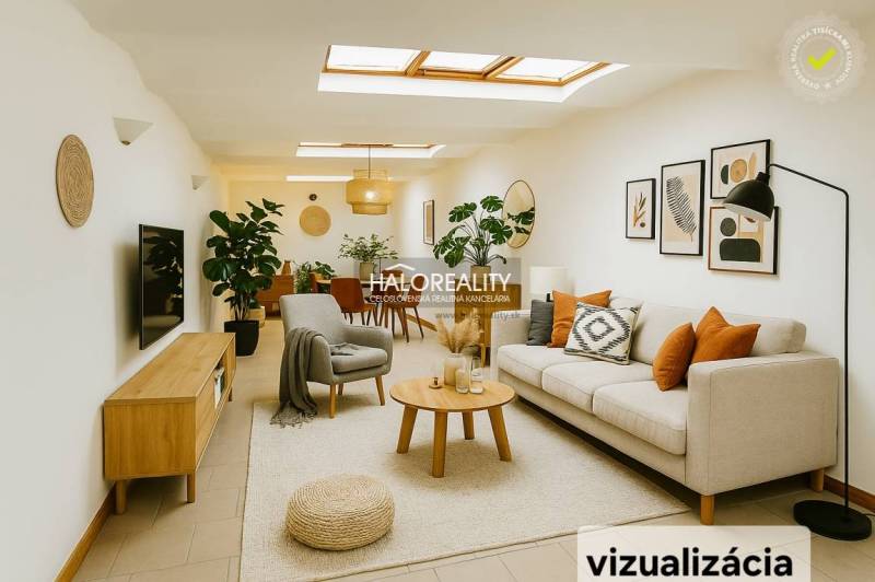 A bright commercial space with a sofa, plants, and decorations on the walls.