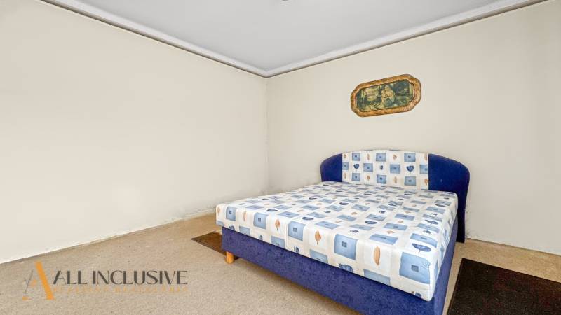 Bedroom with a blue bed, patterned blanket, and decorative painting in a family house.