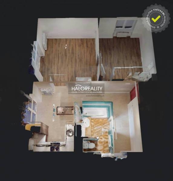 Floor plan of a 2-room apartment with wood-patterned flooring and an equipped bathroom.