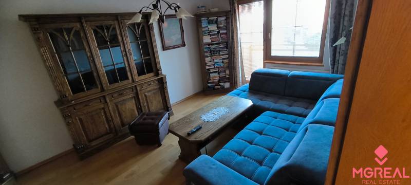 Living room with a blue sofa, wooden sideboard, and wood-patterned flooring.