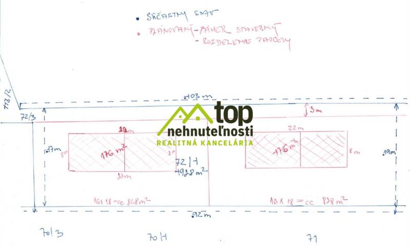 Plan for the division of residential building plots in Nitrianska Blatnica with square meter delineation.