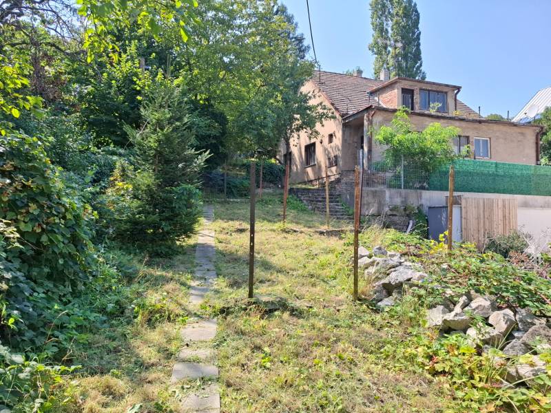 Family house on Búdková Street in Bratislava - Staré Mesto, with a walkway and trees.