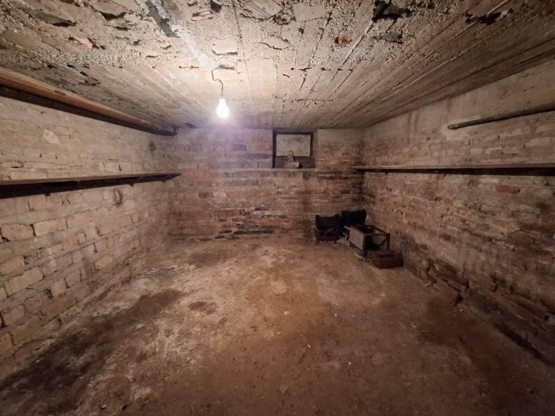 A basement with unplastered brick walls and a concrete ceiling in a family house.