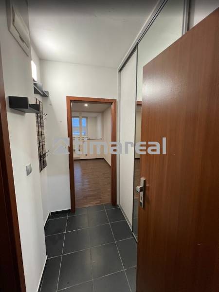 Entrance hallway with tiles leading to the kitchen, featuring a wooden decor in a studio apartment.