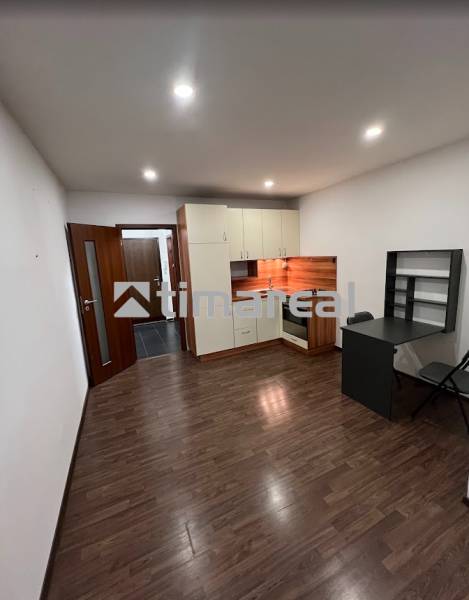 Kitchen and work corner in a studio apartment with a wood-patterned floor.